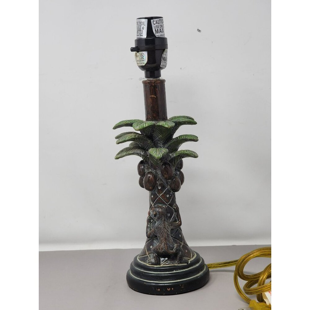 Hand-Painted Monkey Palm Tree Table Lamp Base With Brown & Green Tropical Design